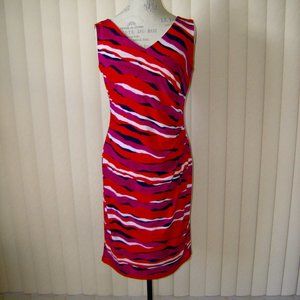 Anne Klein Dress, Size Medium, red multi-colored, short sleeve, fully lined.